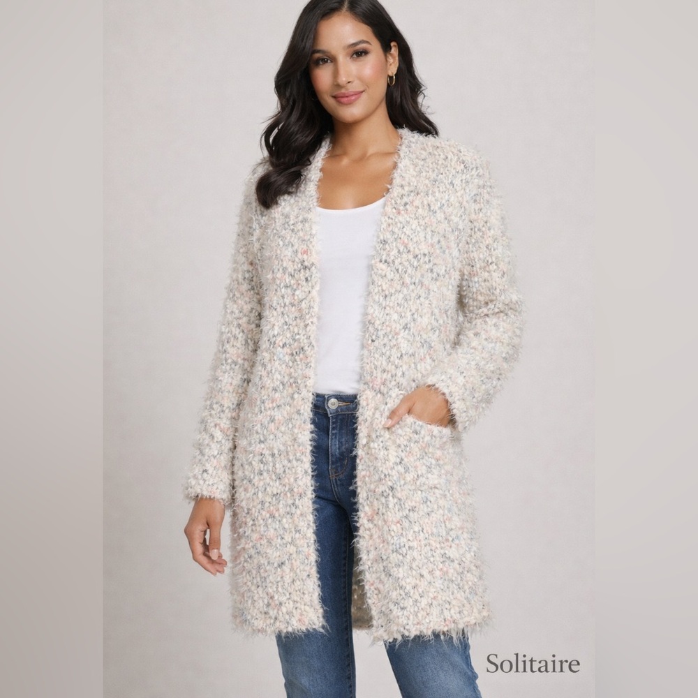 Solitaire Eyelash Knit Cardigan Sweater Size Medium Multicolor Confetti Fuzzy